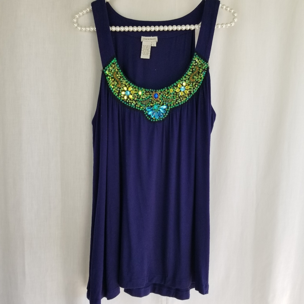 BOSTON PROPER bejeweled navy tank L